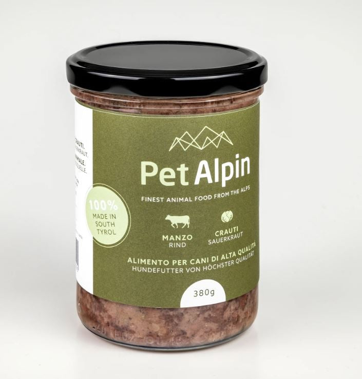 Mangime umido per cani, manzo con crauti 380 Gr.