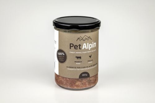 Mangime umido per cani, manzo e pollo 380 Gr.