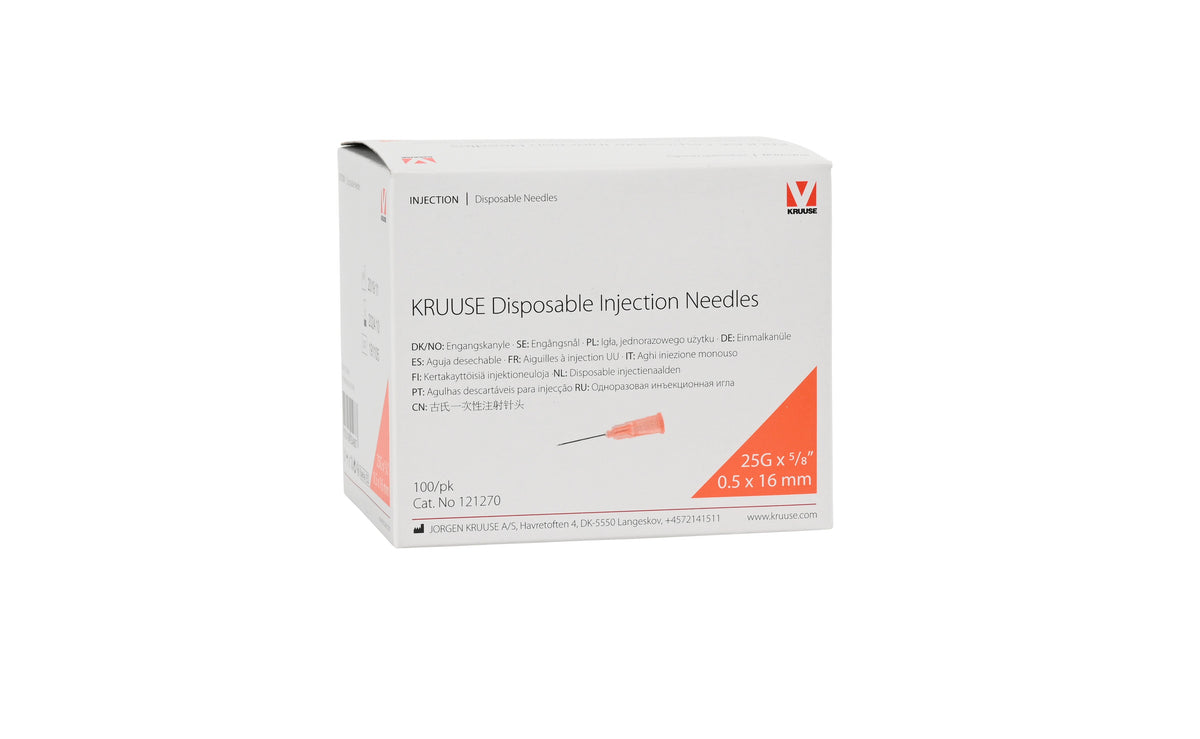 KRUUSE Disposable Needle, 0.5 x 16 mm, 25G x 5/8", orange, 100/pk