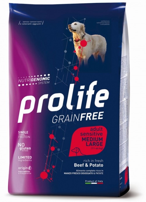 PROLIFE CANE GRAIN FREE sensitive Manzo e patate, MEDIUM/LARGE 10 KG